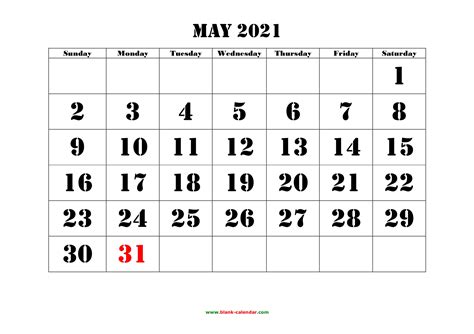 Large Printable May 2021 Calendar